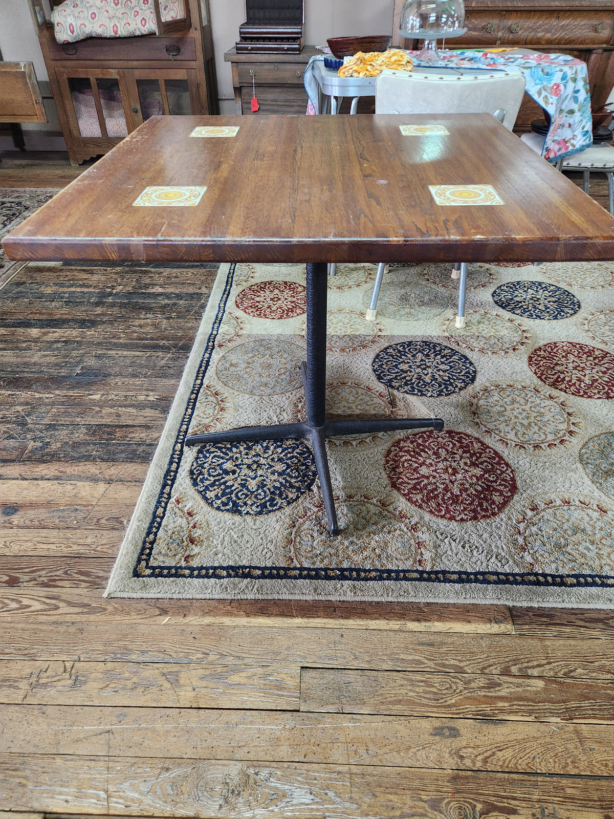 Vintage Square Wooden Table with Decorative Inlaid Ceramic Tiles on Metal Pedestal