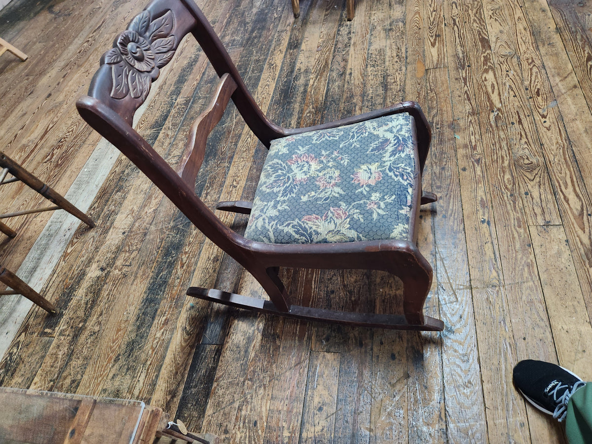 Vintage Federal-Style Mahogany Rocker with Rose Crest & Patterned Upholstered Seat