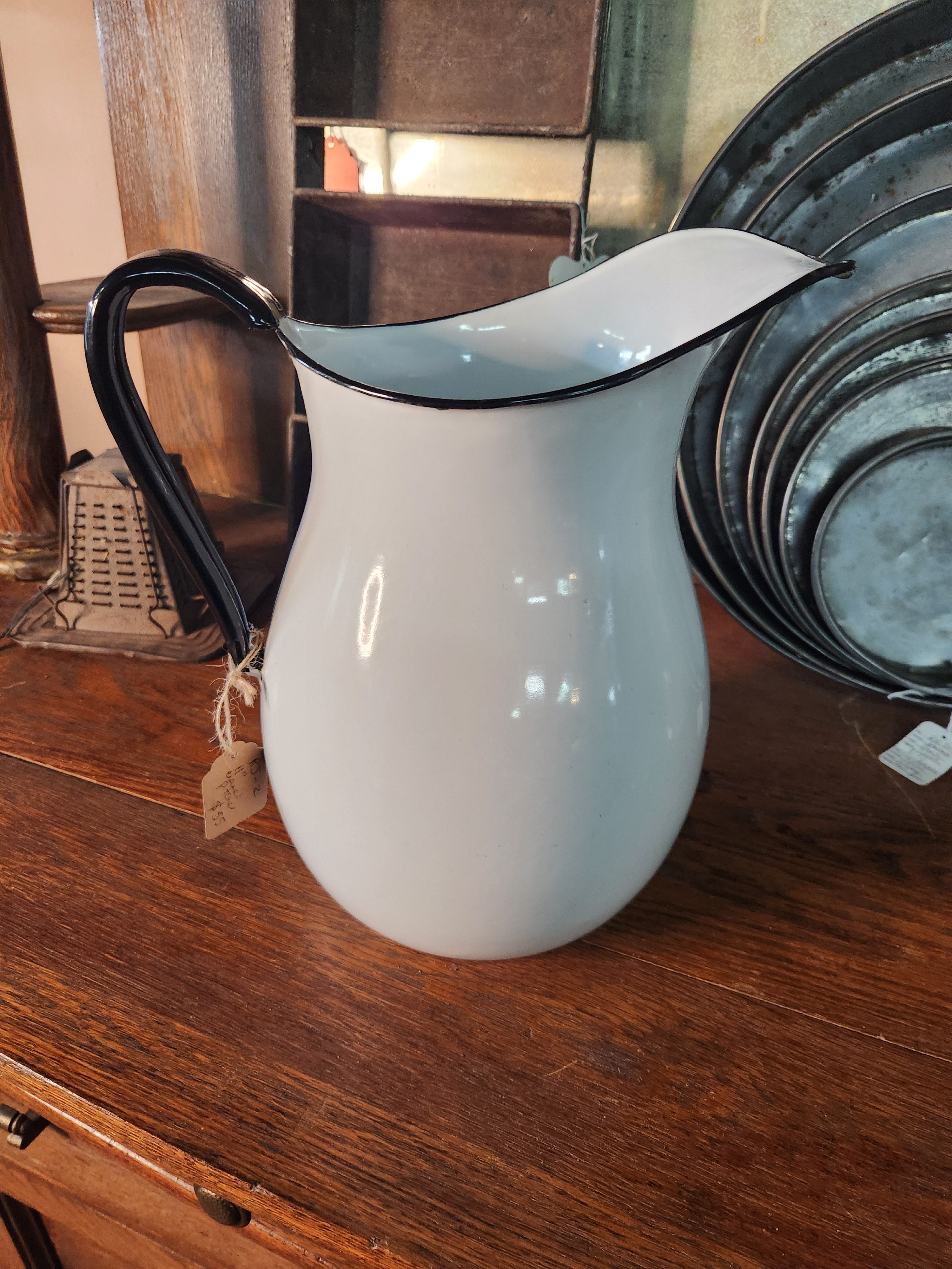 Vintage White Enamelware Water Pitcher with Black Trim
