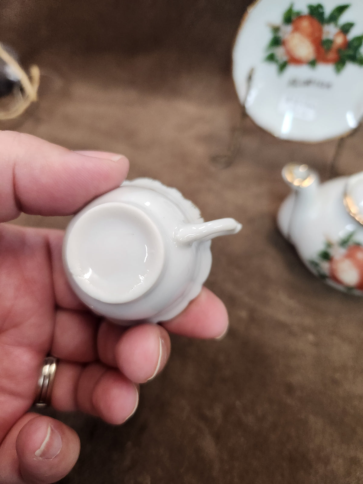 Vintage Porcelain Florida Souvenir Mini Tea Set Featuring Orange Motifs and Gold Trim
