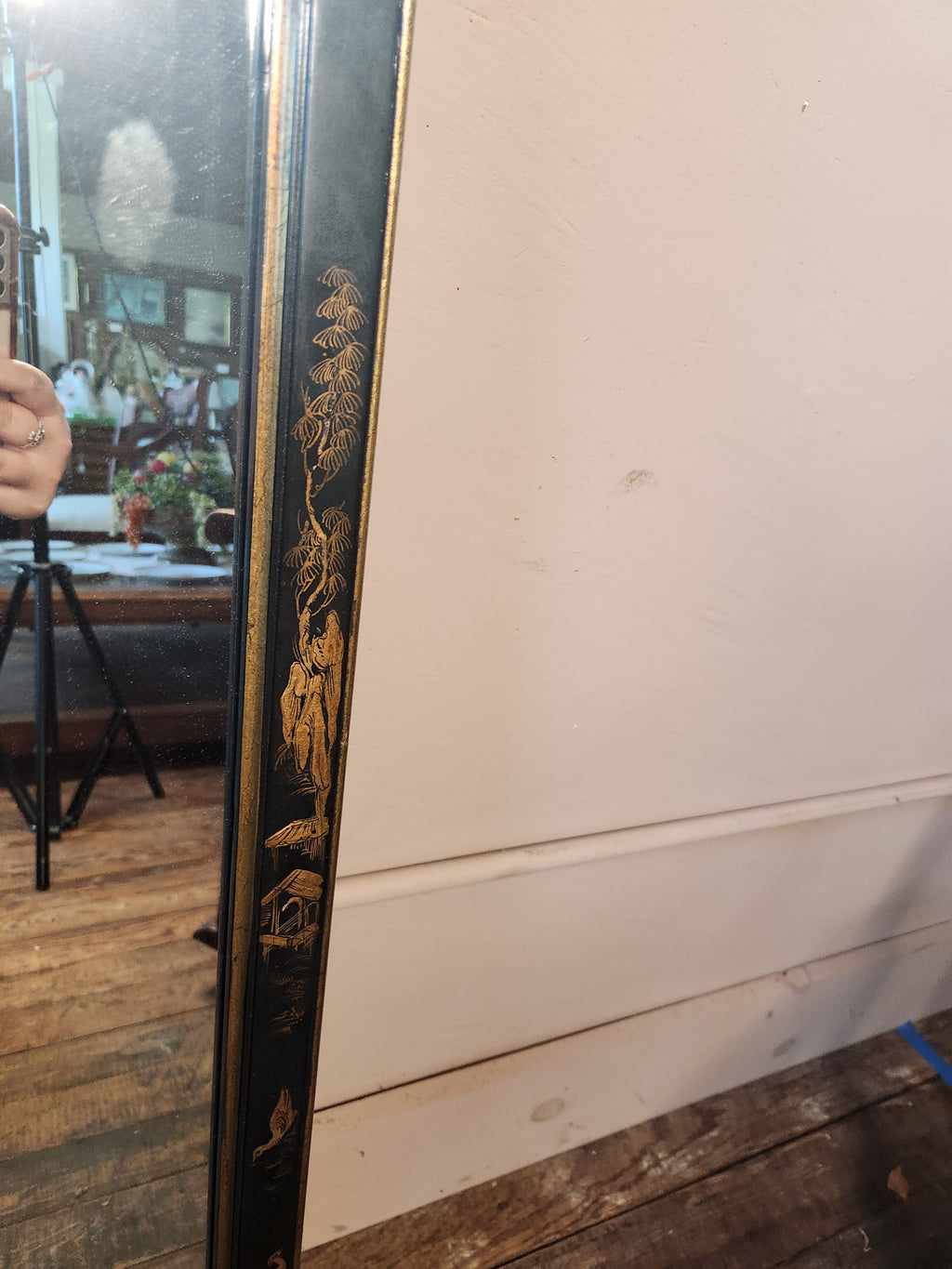 Black and Gold Chinoiserie Lacquer Wall Mirror Hand painted Asian-inspired Motifs