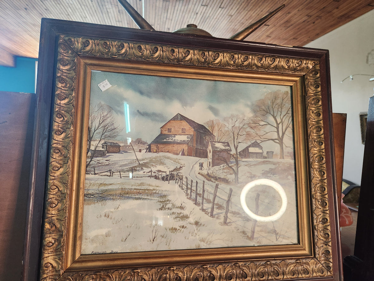 Vintage Watercolor Print Winter Rural Farm Lanscape Ranulph Bye