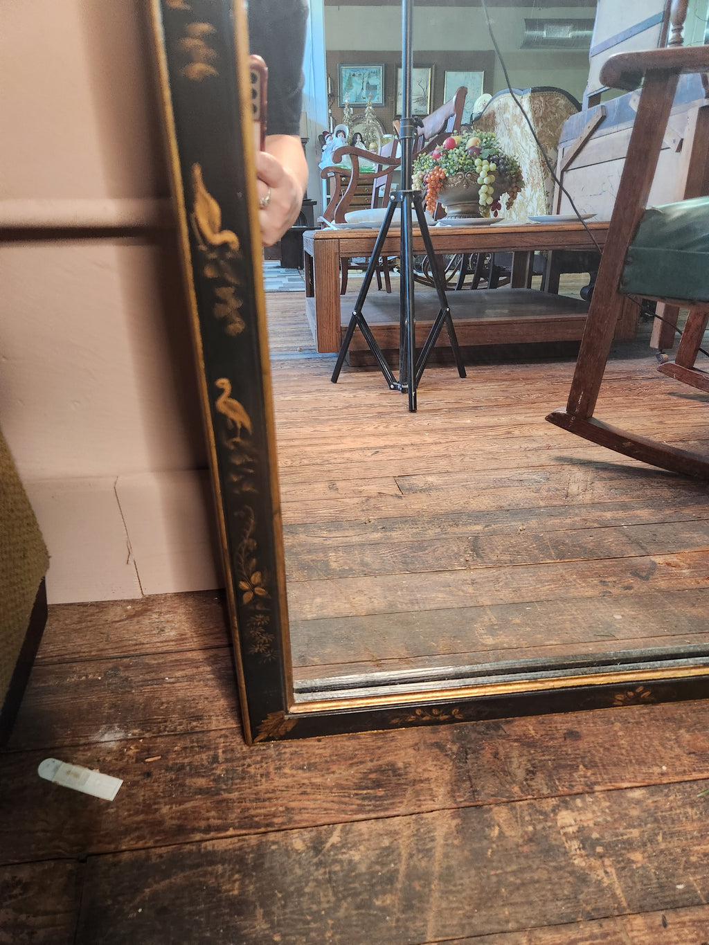 Black and Gold Chinoiserie Lacquer Wall Mirror Hand painted Asian-inspired Motifs