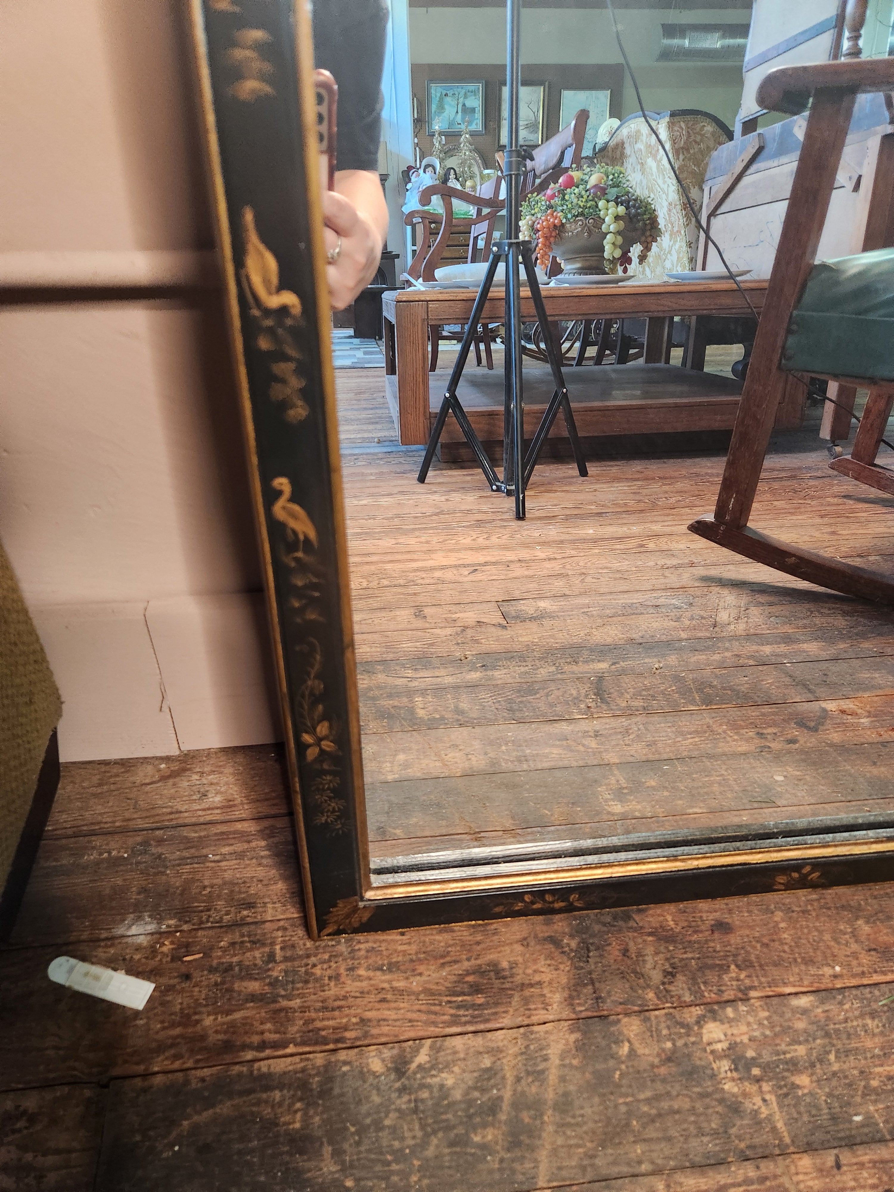 Black and Gold Chinoiserie Lacquer Wall Mirror Hand painted Asian-inspired Motifs