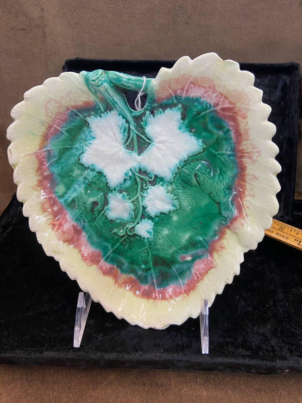 Pair of Antique Etruscan Majolica Begonia Leaf Dishes c. 1800's