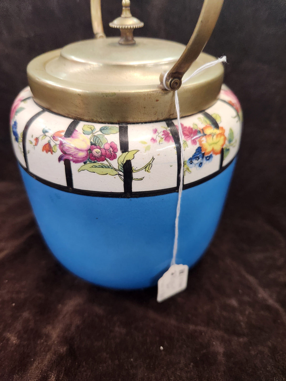 Antique English Ceramic Biscuit Barrel – Blue Floral Design with Brass Handle