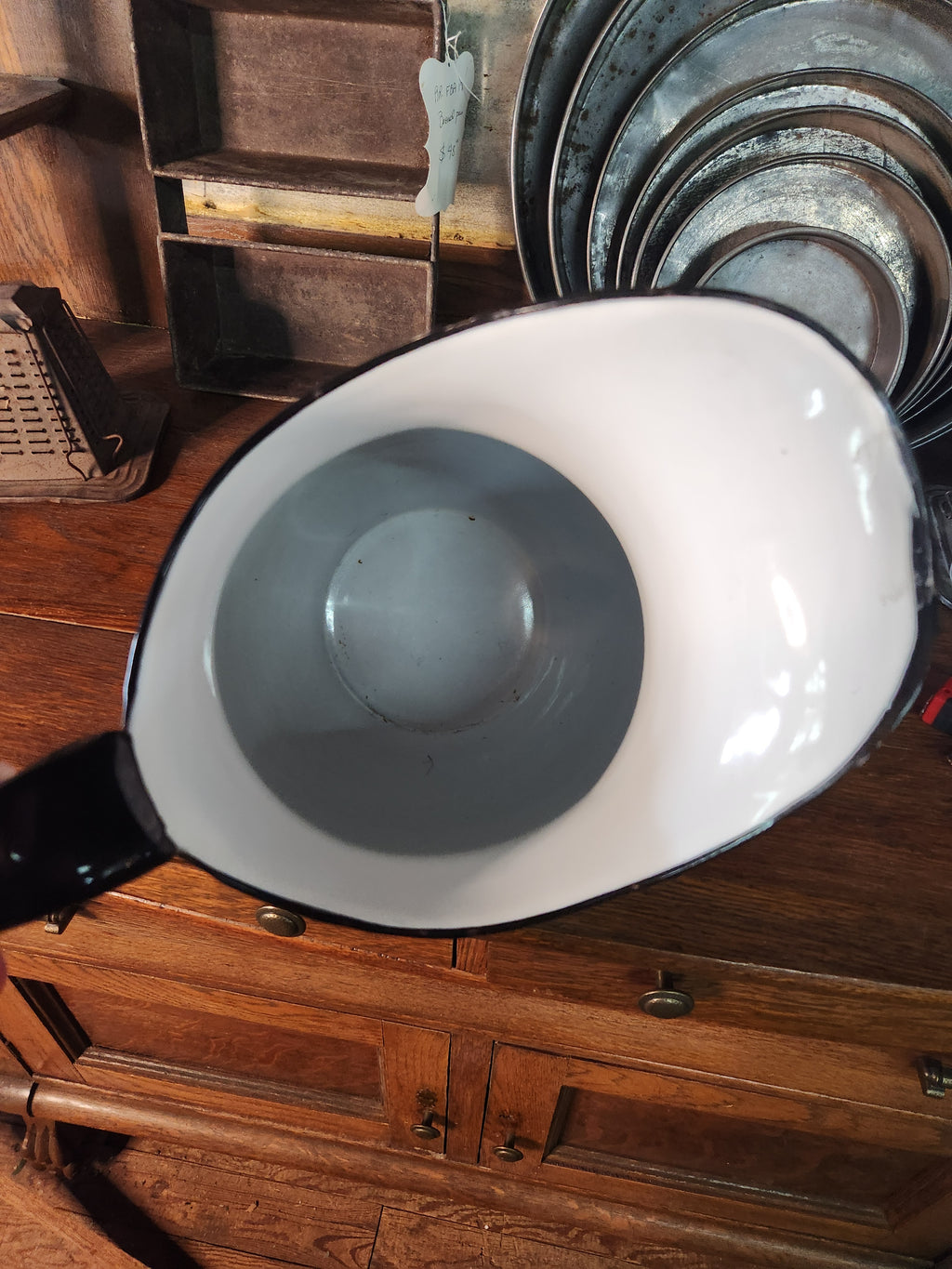 Vintage White Enamelware Water Pitcher with Black Trim