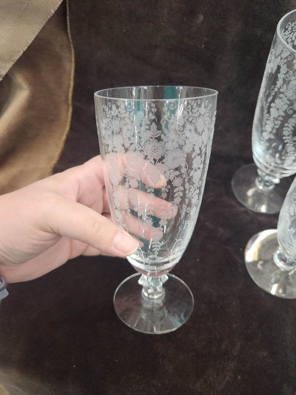 7 Vintage Fostoria Chintz Etched Crystal Stemware Featuring Intricate Floral Pattern