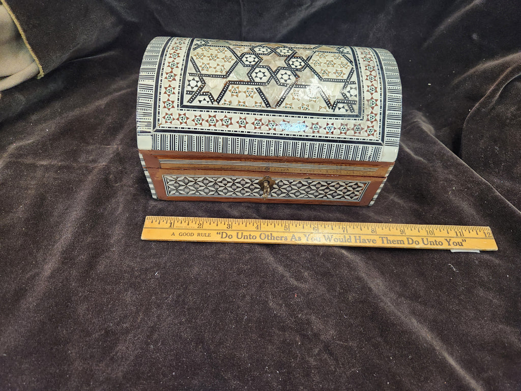 Egyptian Mother of Pearl Inlaid Wooden Jewelry Box Featuring a Curved Lid & Intricate Geometric Star & Mosaic Inlay Patterns