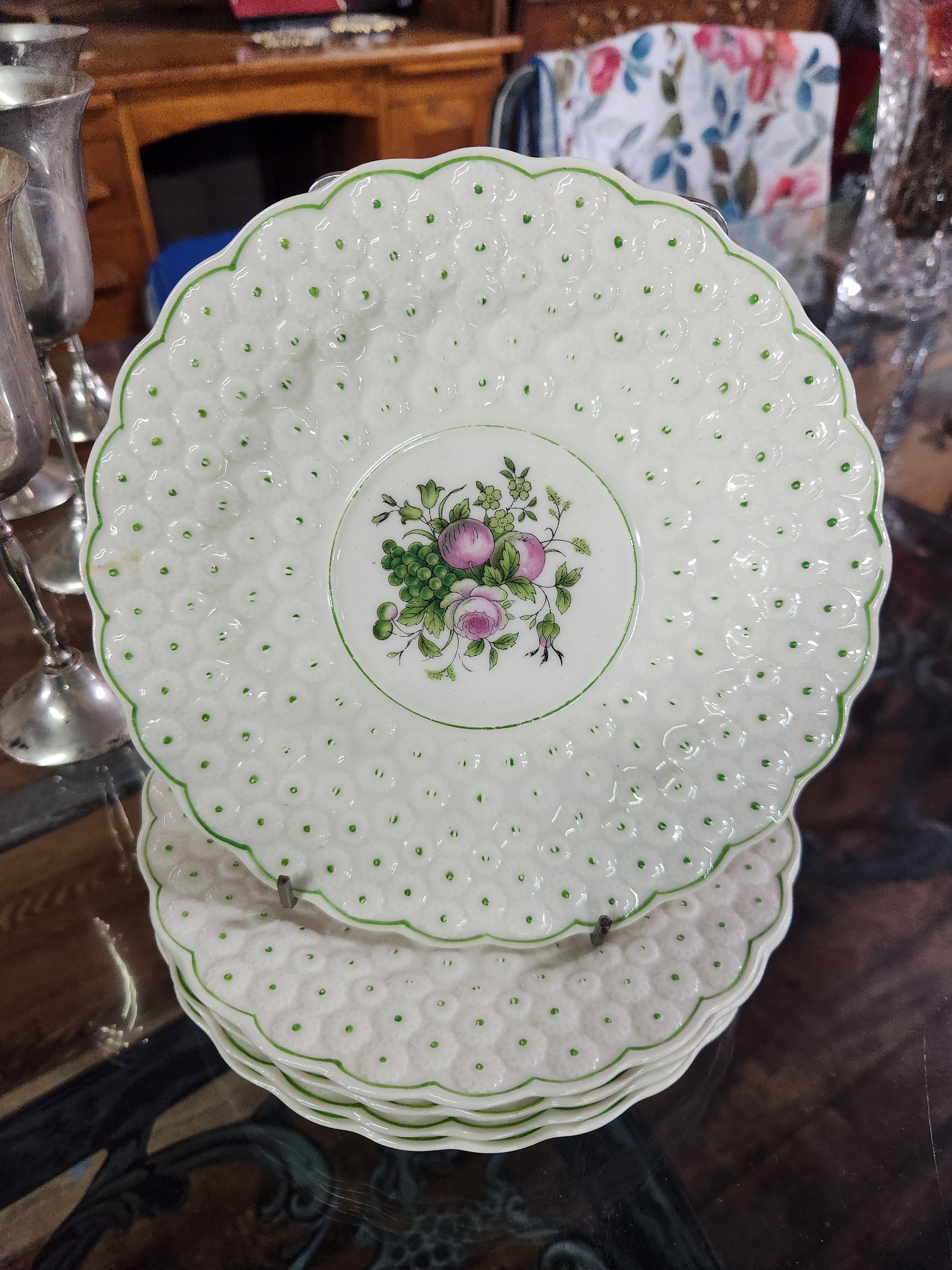5 Vintage Hand painted Scalloped Floral Plates Japan