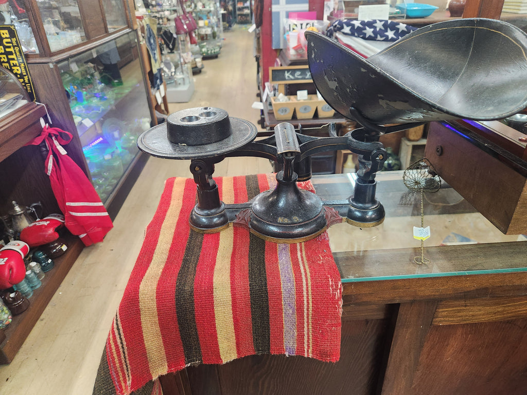Vintage Cast Iron Black Balance Scale with Large Curved Scoop and Flat Platform Fairbanks