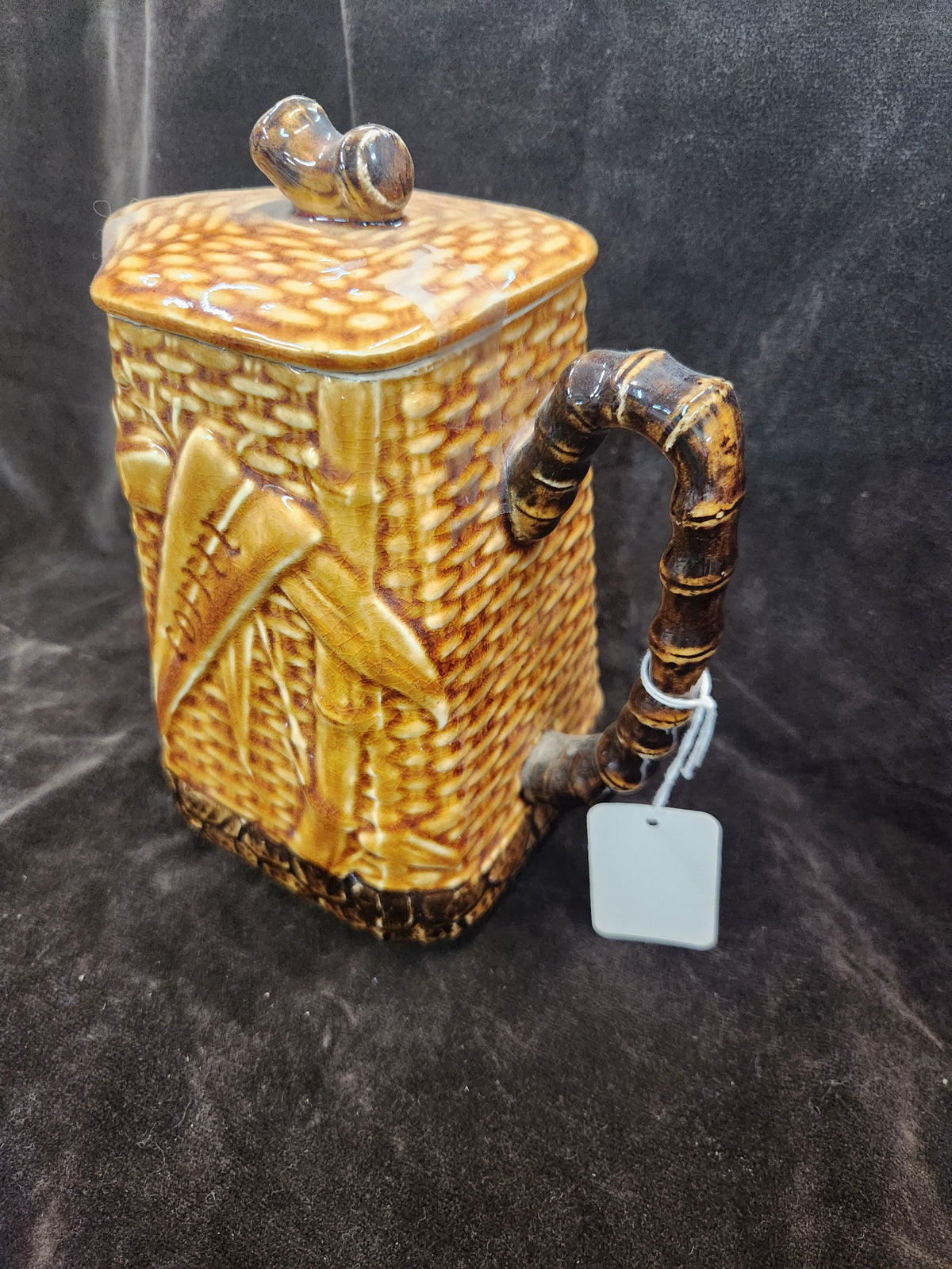 Vintage Ceramic Coffee Pot Japan Featuring Embossed Wicker and Bamboo- Style Design