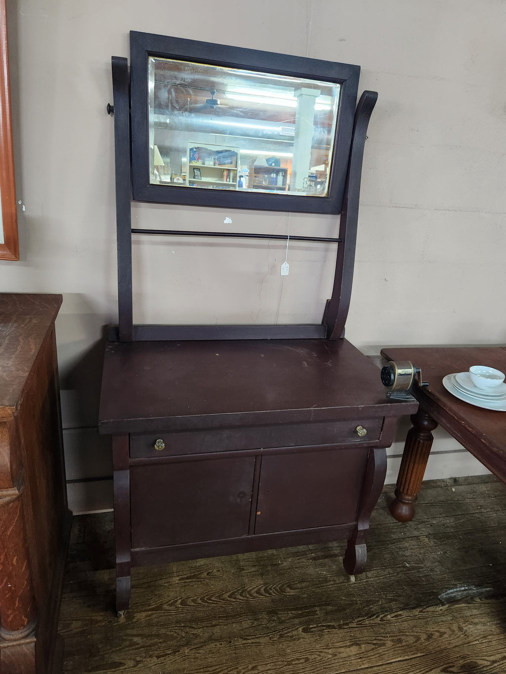 Antique Wooden Washstand or Commode Cabinet Swing Mirror Towel Bar