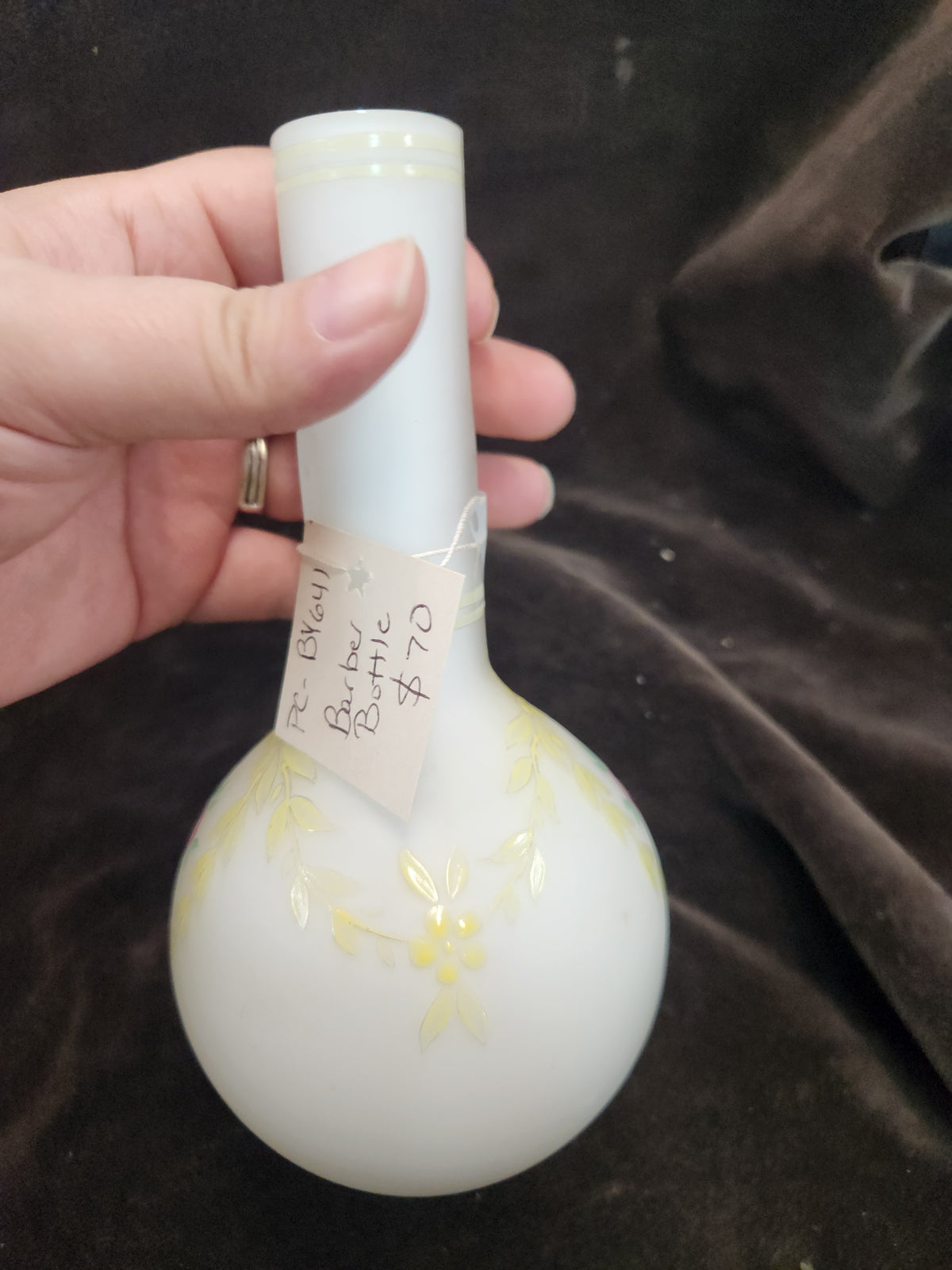 Antique Hand-Painted Milk Glass or Opaline Glass/Bud Vase or Barber Bottle Featuring a Floral Motif