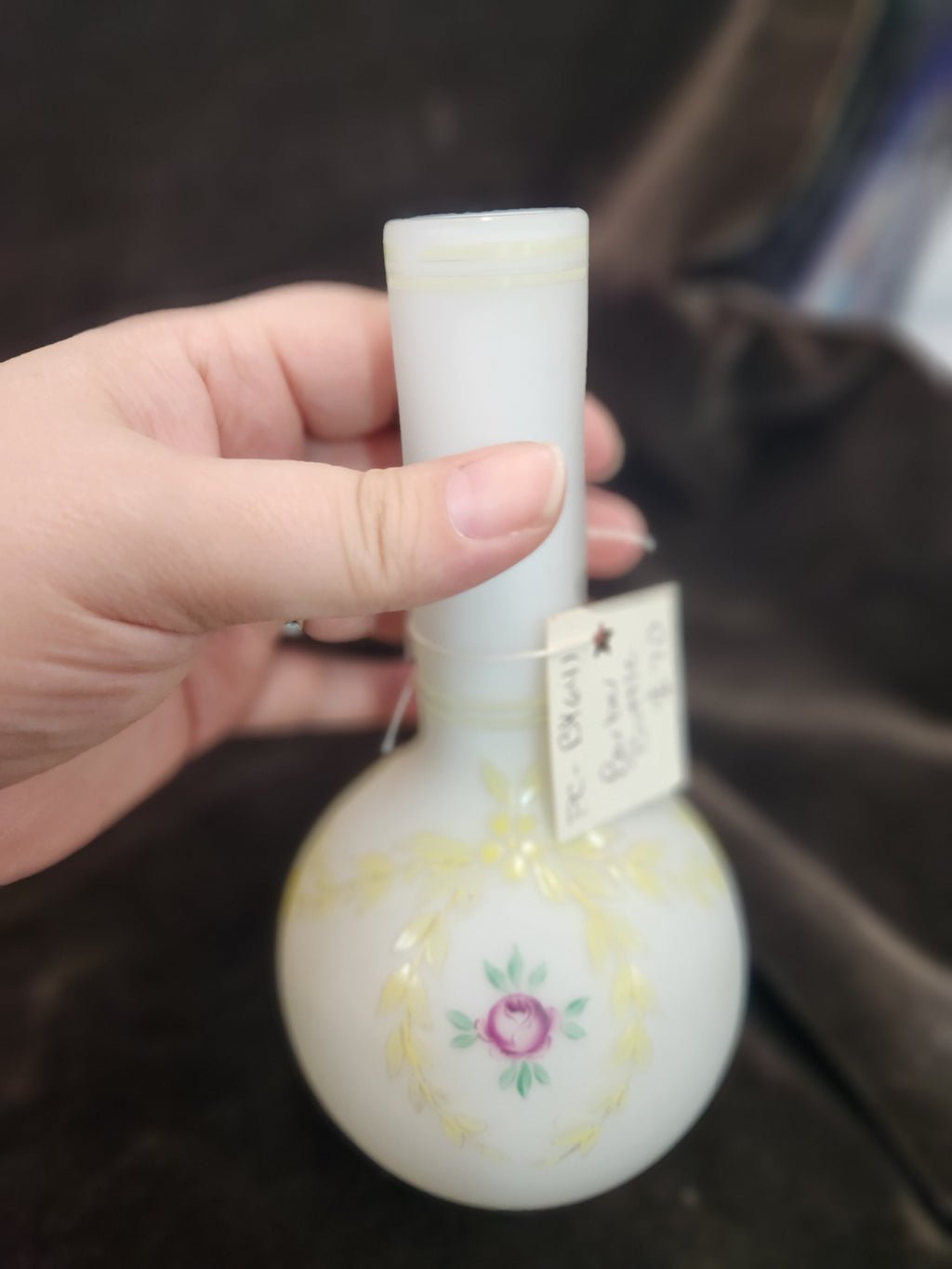 Antique Hand-Painted Milk Glass or Opaline Glass/Bud Vase or Barber Bottle Featuring a Floral Motif