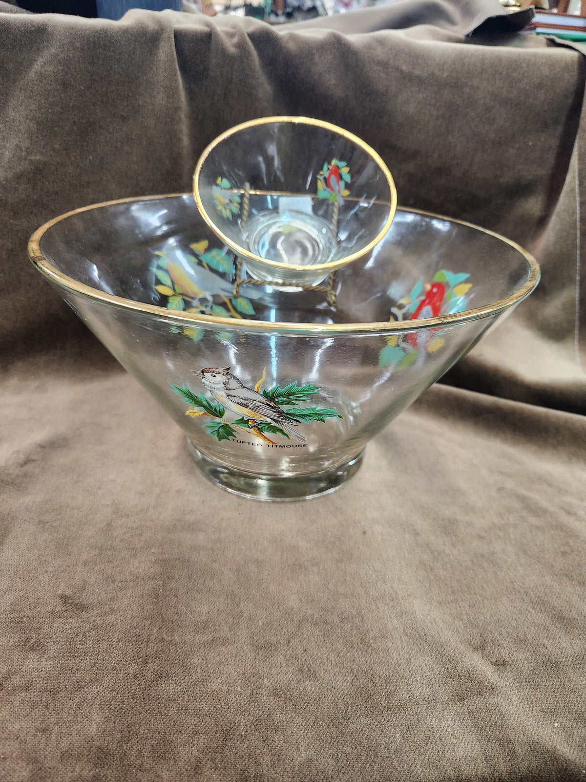 Vintage West Virginia Glass American Songbird Chip and Dip Bowl Set