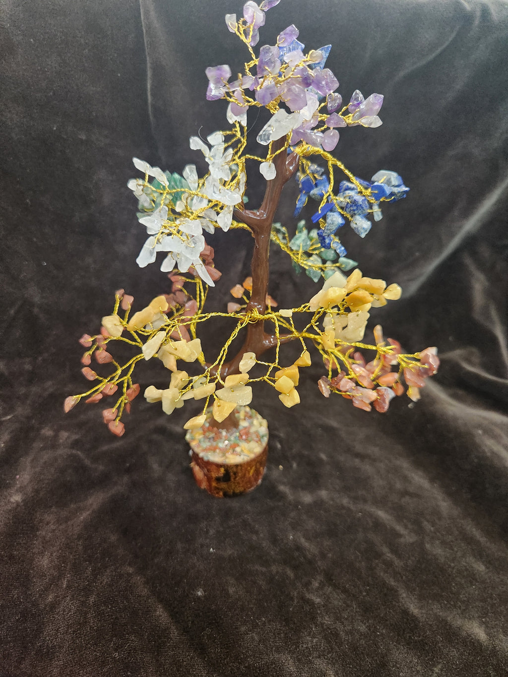 Handcrafted 7 Chakra Crystal Gemstone Tree Featuring Colorful Chip stone Leaves