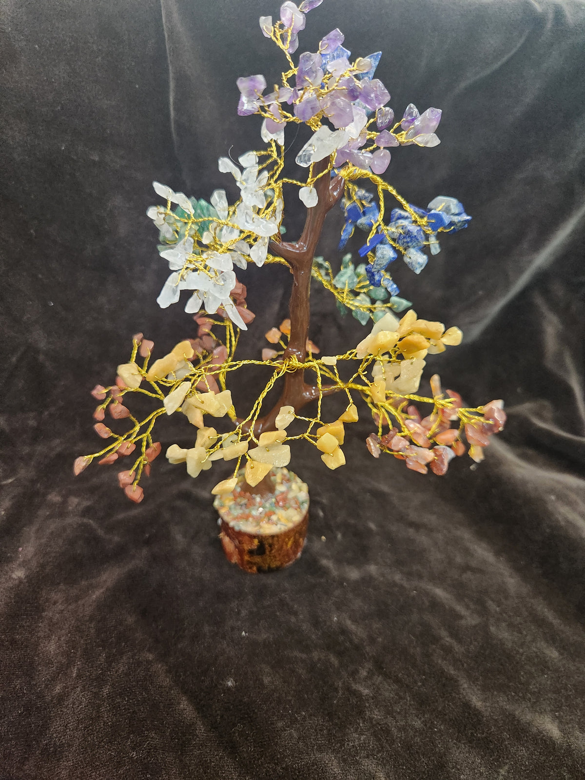 Handcrafted 7 Chakra Crystal Gemstone Tree Featuring Colorful Chip stone Leaves