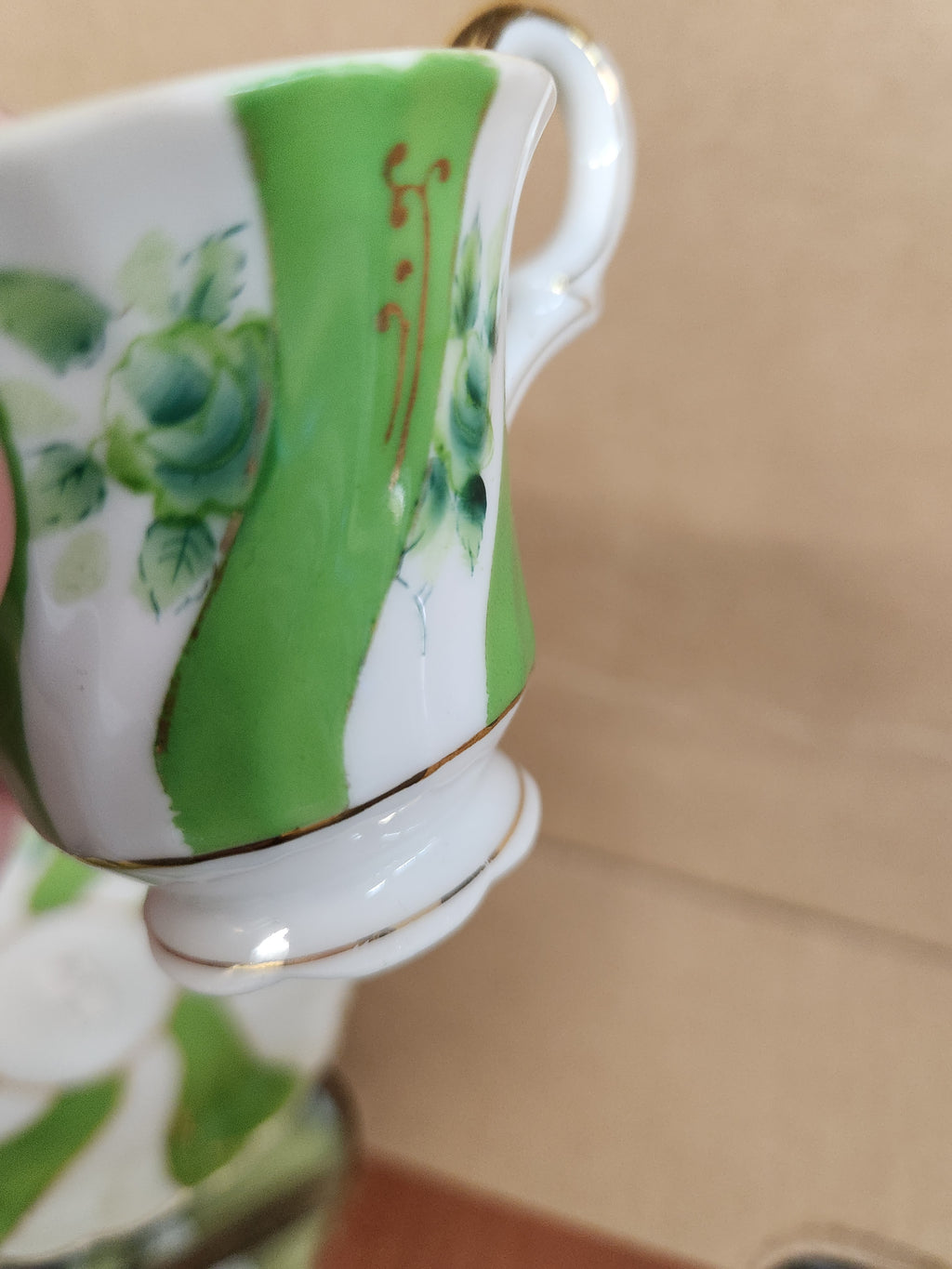 Vintage Ucagco Occupied Japan Demitasse Cup and Saucer Set Green Swirl and Floral Pattern Gold Accents