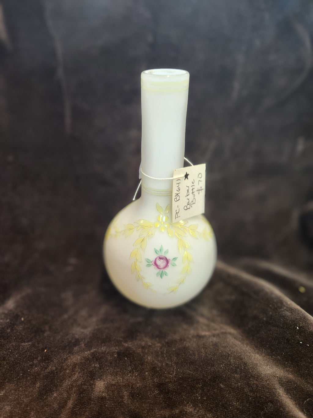 Antique Hand-Painted Milk Glass or Opaline Glass/Bud Vase or Barber Bottle Featuring a Floral Motif