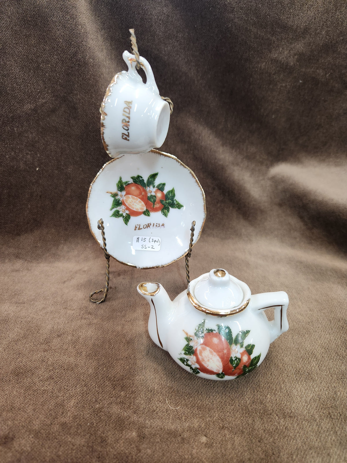 Vintage Porcelain Florida Souvenir Mini Tea Set Featuring Orange Motifs and Gold Trim