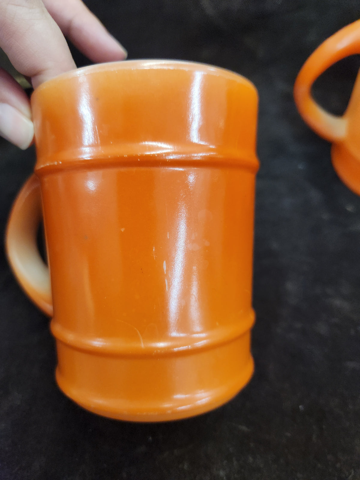 3 Vintage Anchor Hocking Fire King Orange Barrel Mugs Milk Glass