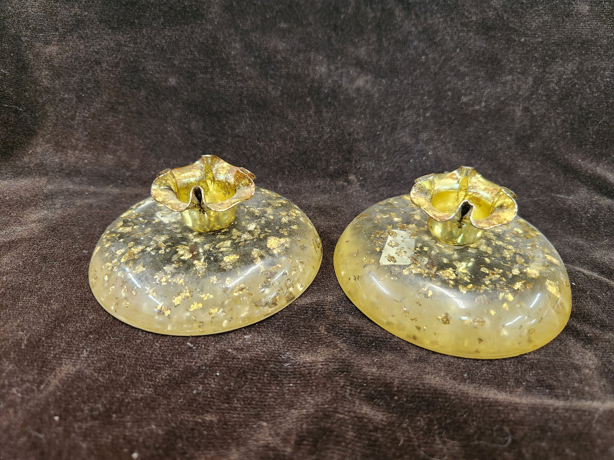 Vintage Lucite Taper Candle Holders Embedded with Gold-Tone Flakes