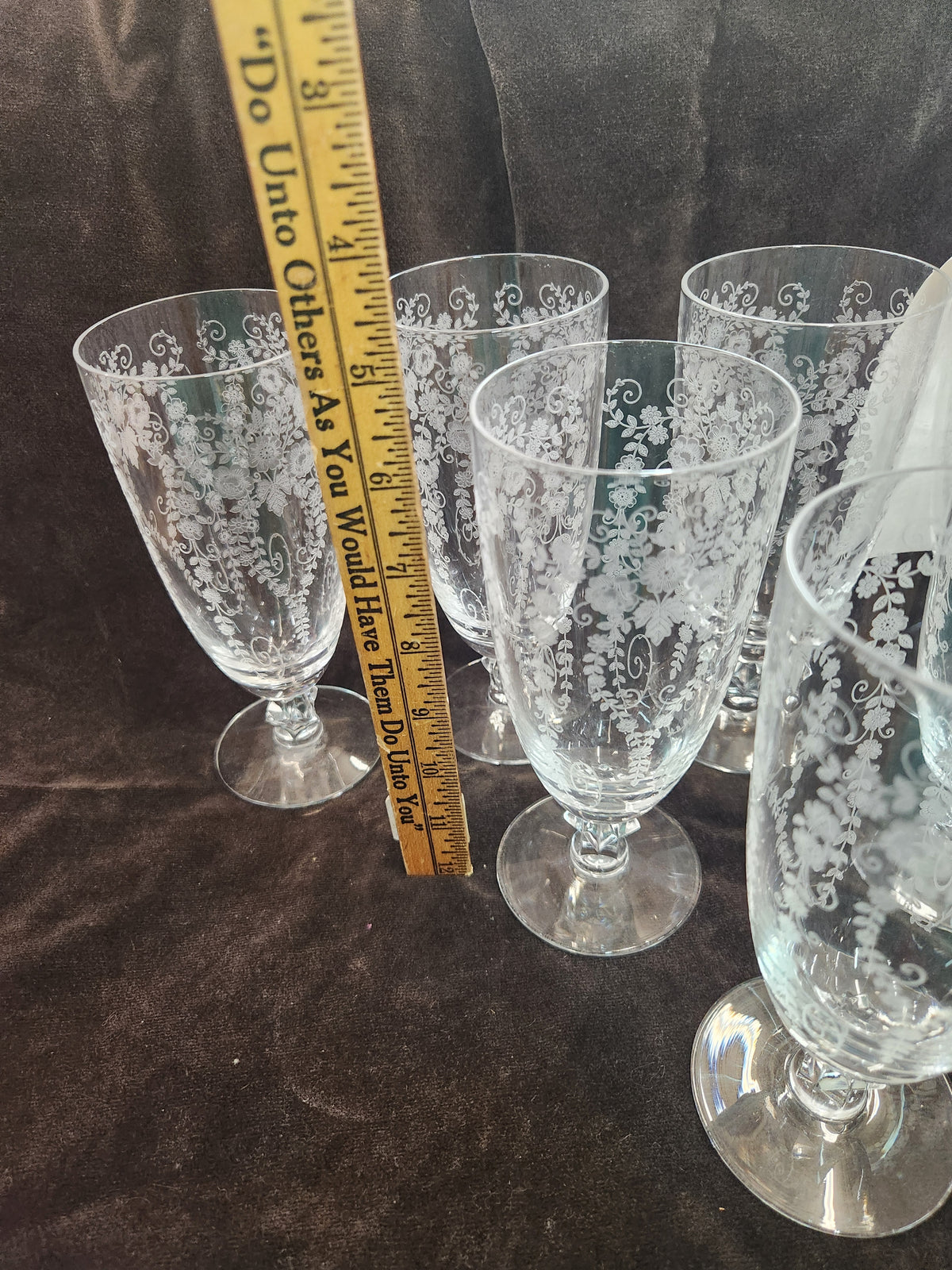 7 Vintage Fostoria Chintz Etched Crystal Stemware Featuring Intricate Floral Pattern