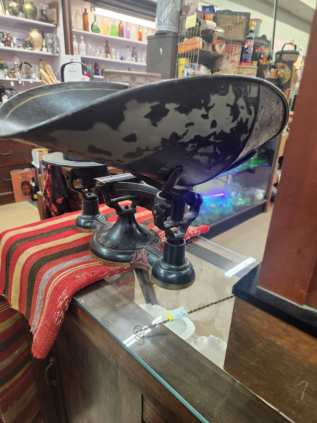 Vintage Cast Iron Black Balance Scale with Large Curved Scoop and Flat Platform Fairbanks