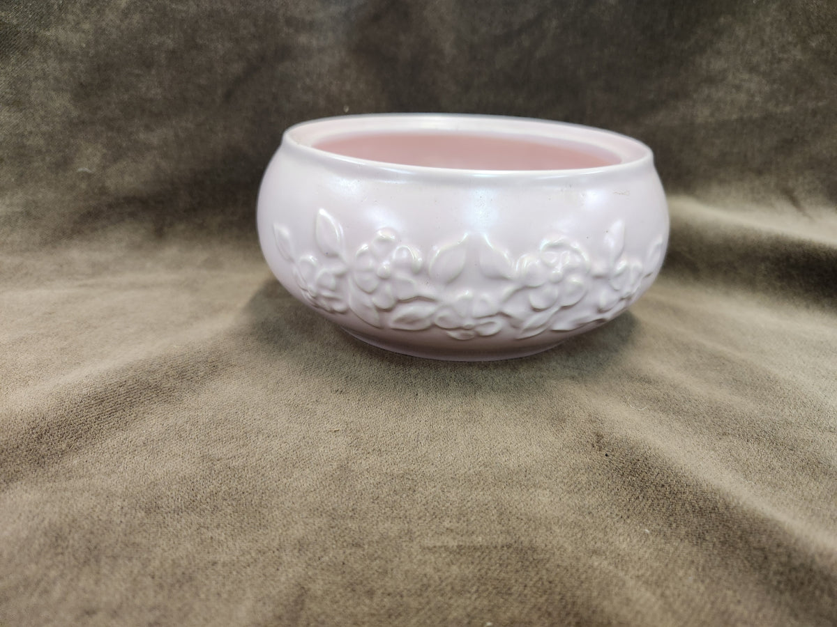 Vintage Pink Ceramic Bowl/Planter with an Embossed Floral or Leaf Motif
