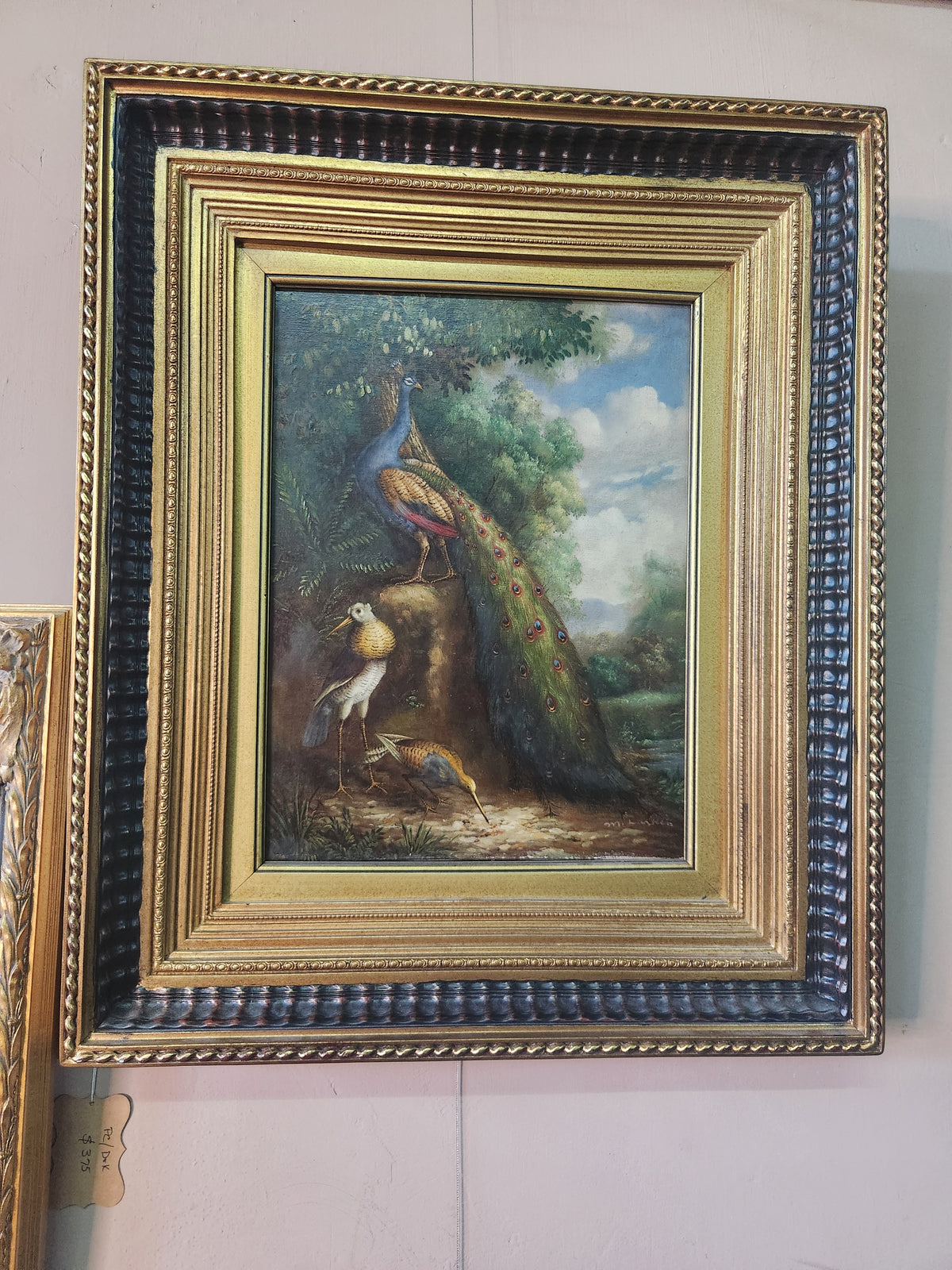 Classic Framed Peacock and Exotic Bird Landscape Oil Painting