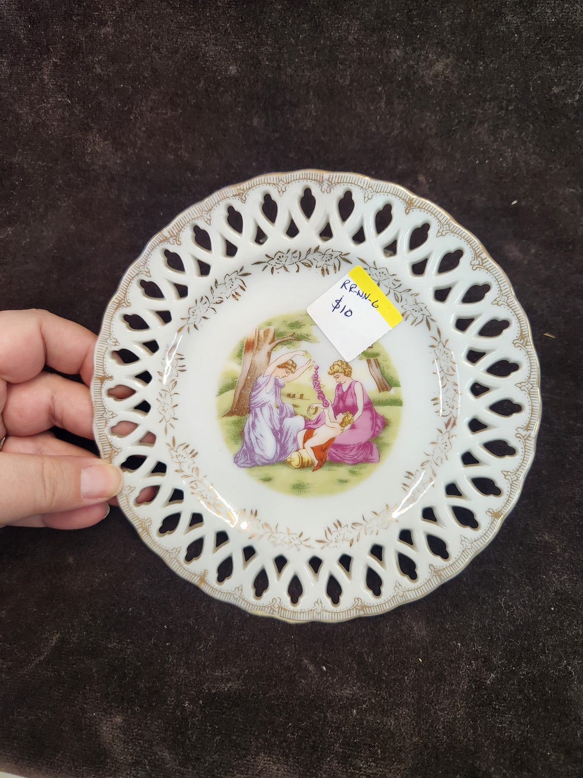 Vintage Reticulated Porcelain Decorative Plate Featuring a Classical or Greek-Style Scene