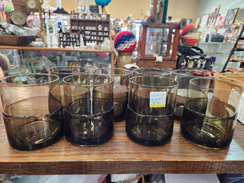8 Vintage Smoke-Gray, Hand-Blown Glass Tumblers