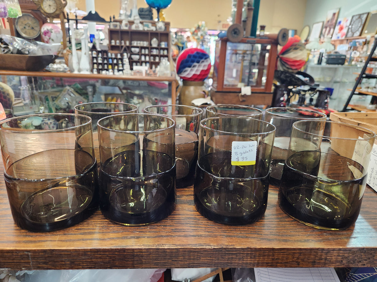 8 Vintage Smoke-Gray, Hand-Blown Glass Tumblers