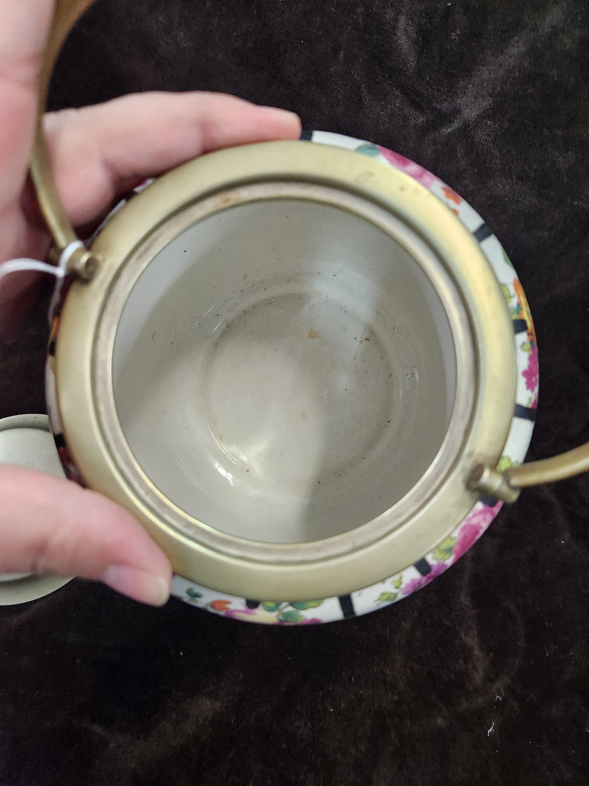 Antique English Ceramic Biscuit Barrel – Blue Floral Design with Brass Handle