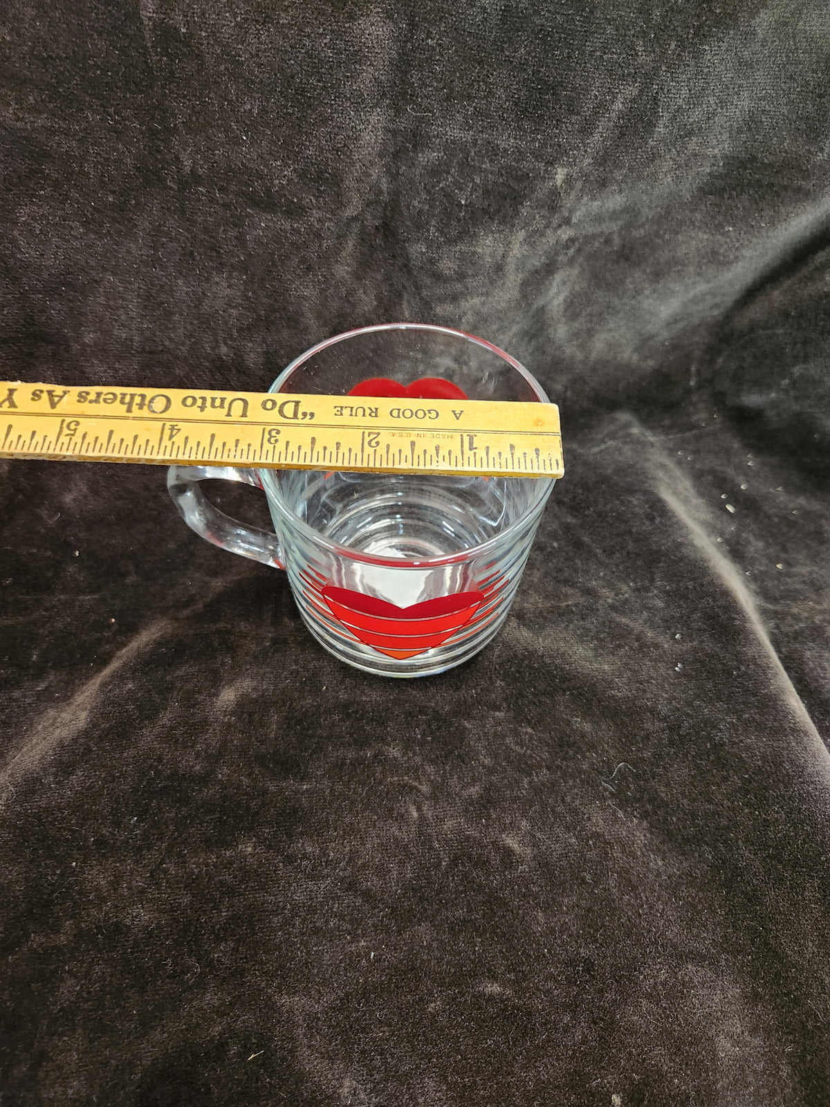Vintage 1980s Luminarc Clear Glass Coffee Mug Featuring a Red Layered Heart and Horizontal Stripe Graphic