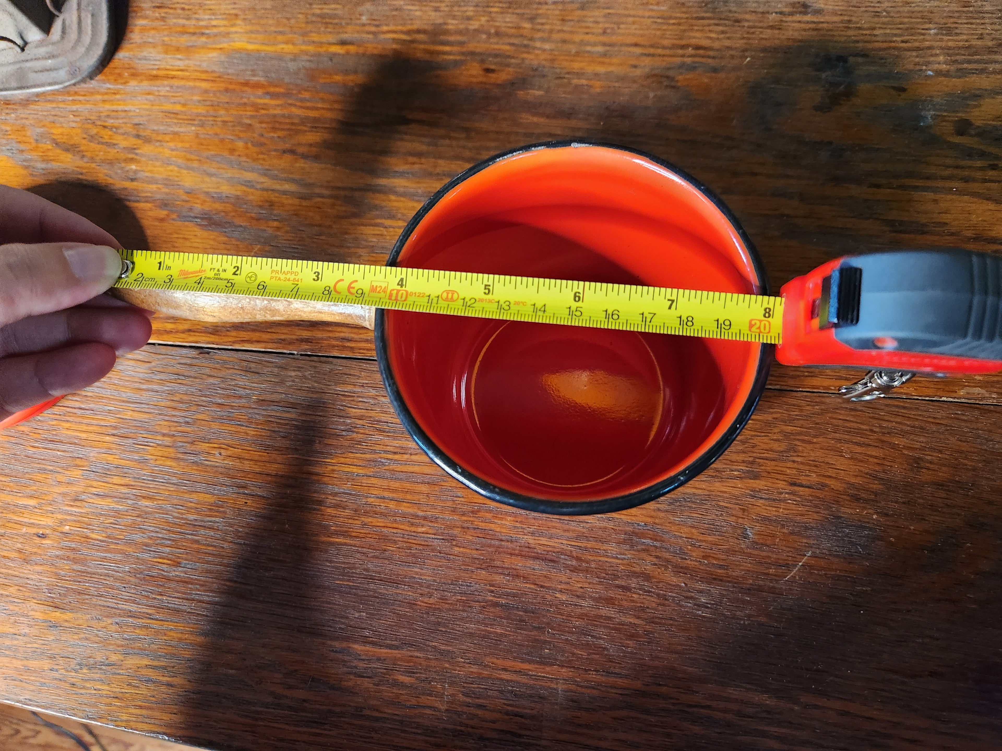 Vintage Country Cookery Orange Enamelware Pot with Lid and Wooden Handle