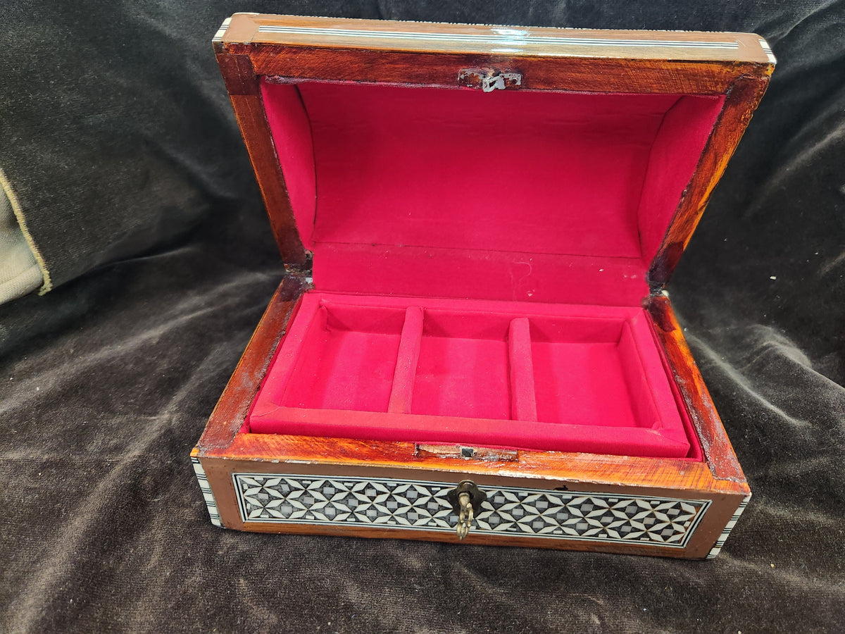 Egyptian Mother of Pearl Inlaid Wooden Jewelry Box Featuring a Curved Lid & Intricate Geometric Star & Mosaic Inlay Patterns