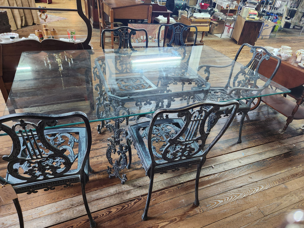 Ornate Cast-Iron Style Glass-Top Dining Table with 6 Chairs