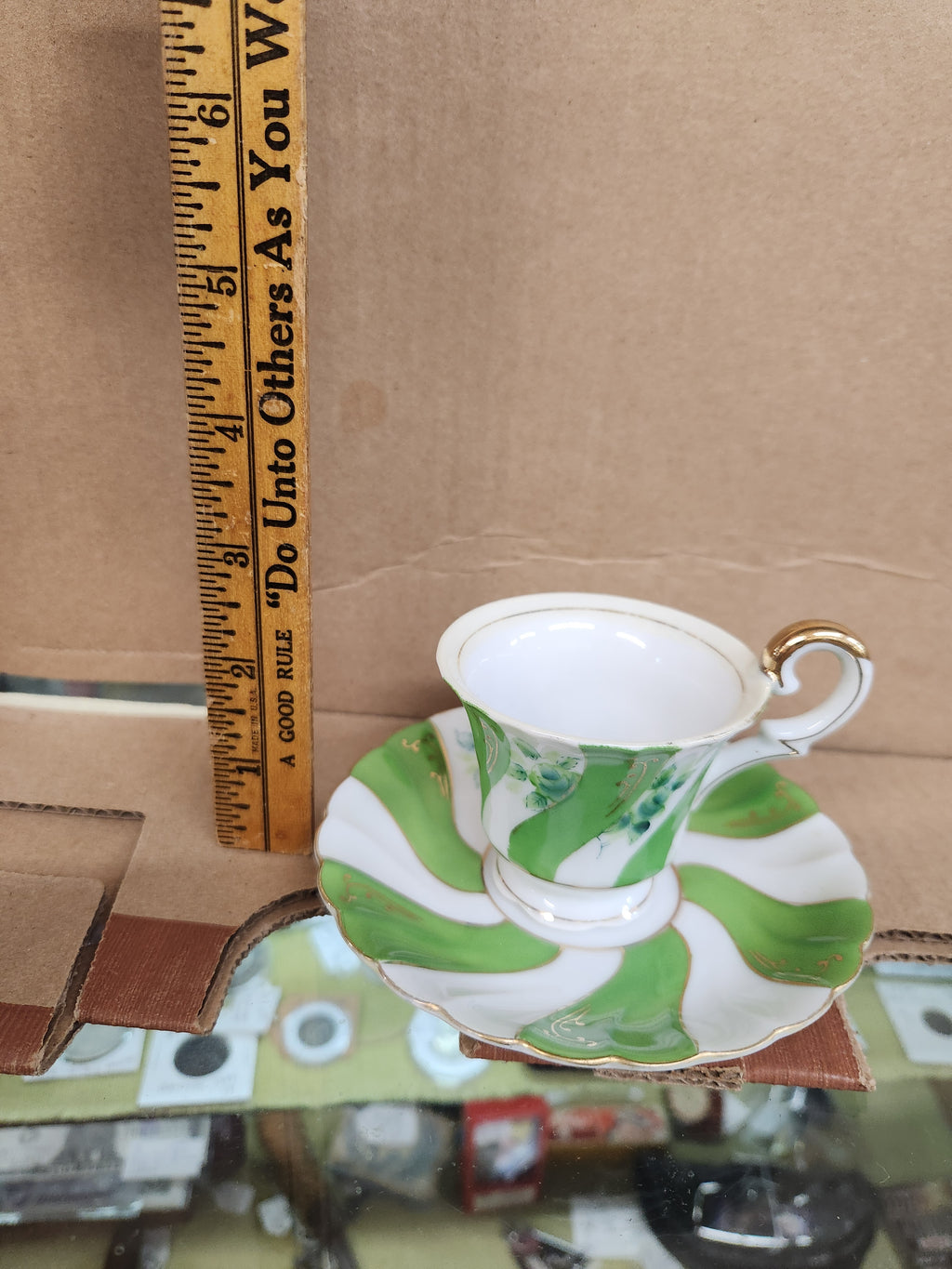 Vintage Ucagco Occupied Japan Demitasse Cup and Saucer Set Green Swirl and Floral Pattern Gold Accents