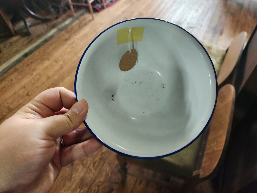 Vintage Blue & White Striped Enamelware Bowl