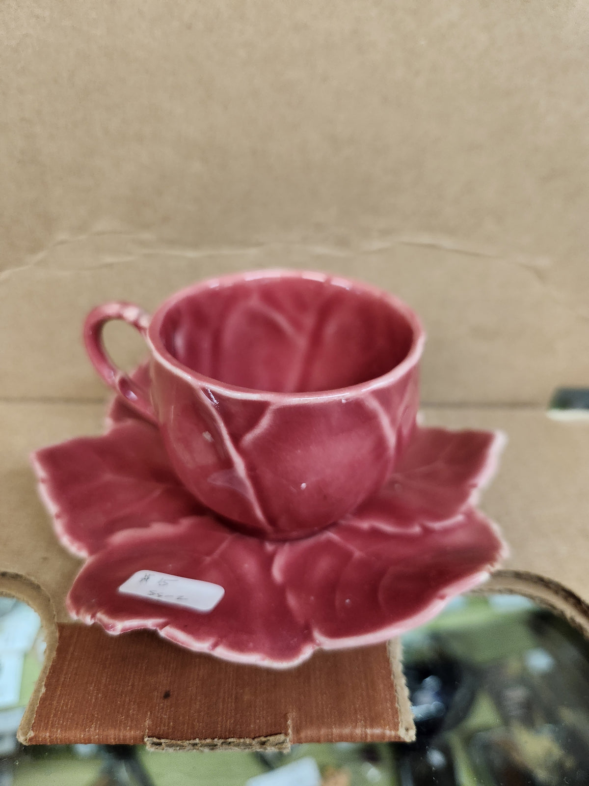 Vintage Pink Majolica-Style Cabbage or Rose Leaf Demitasse Teacup and Saucer Set by Senegal Fine China