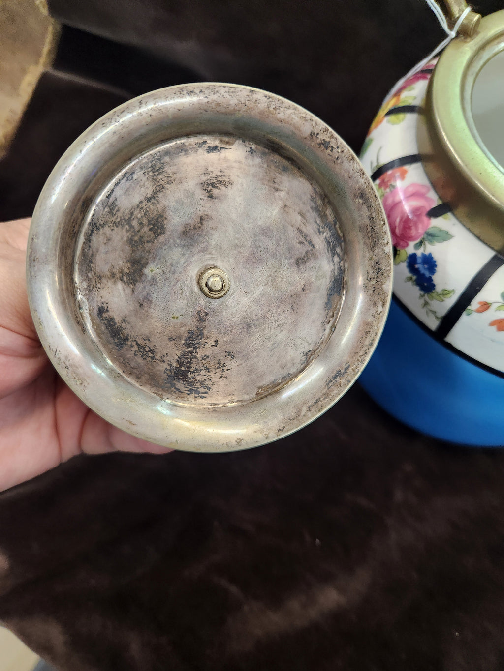Antique English Ceramic Biscuit Barrel – Blue Floral Design with Brass Handle
