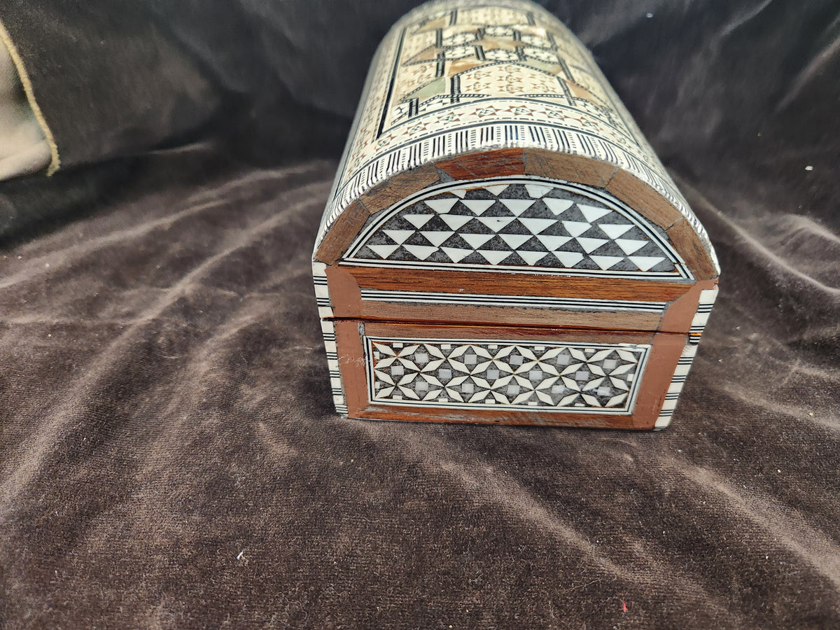 Egyptian Mother of Pearl Inlaid Wooden Jewelry Box Featuring a Curved Lid & Intricate Geometric Star & Mosaic Inlay Patterns