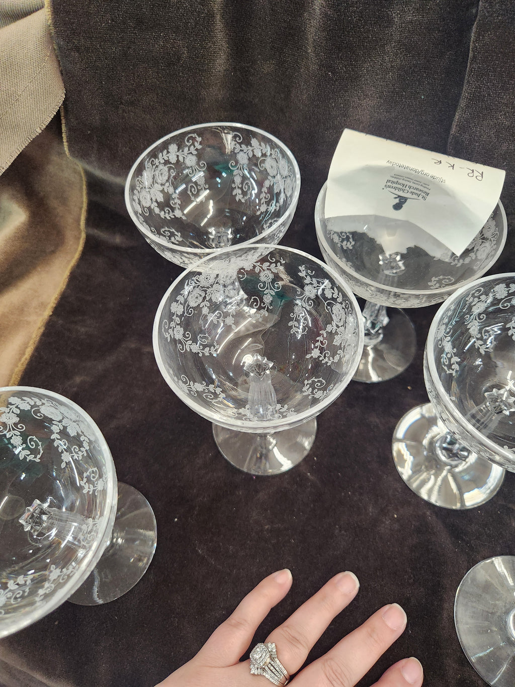 10 Vintage Crystal Champagne/Sherbert Glasses with Delicate Etched Floral and Scroll Pattern Fostoria Bouquet Style