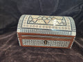 Egyptian Mother of Pearl Inlaid Wooden Jewelry Box Featuring a Curved Lid & Intricate Geometric Star & Mosaic Inlay Patterns