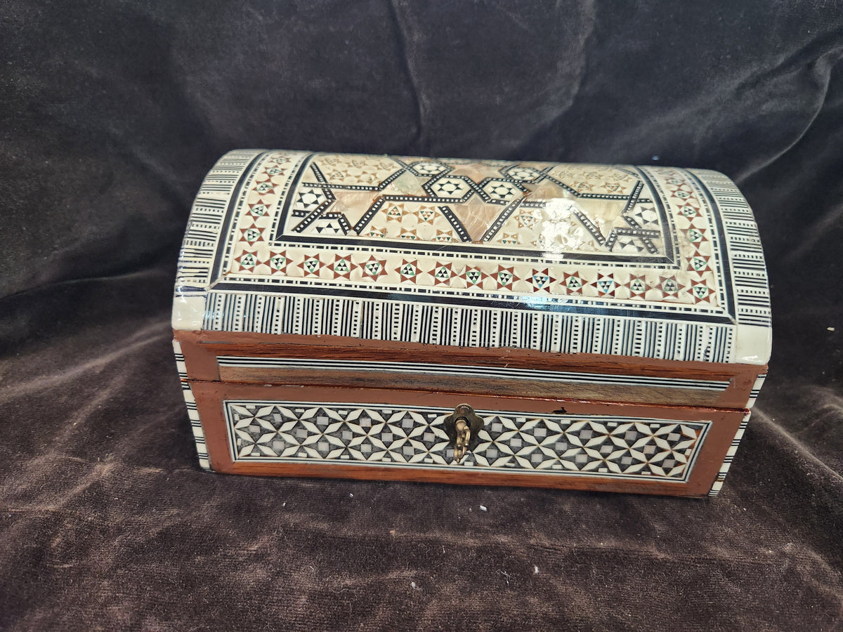 Egyptian Mother of Pearl Inlaid Wooden Jewelry Box Featuring a Curved Lid & Intricate Geometric Star & Mosaic Inlay Patterns