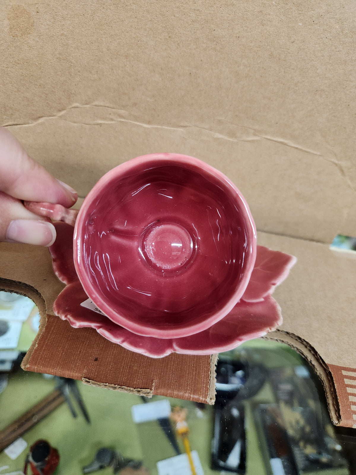Vintage Pink Majolica-Style Cabbage or Rose Leaf Demitasse Teacup and Saucer Set by Senegal Fine China