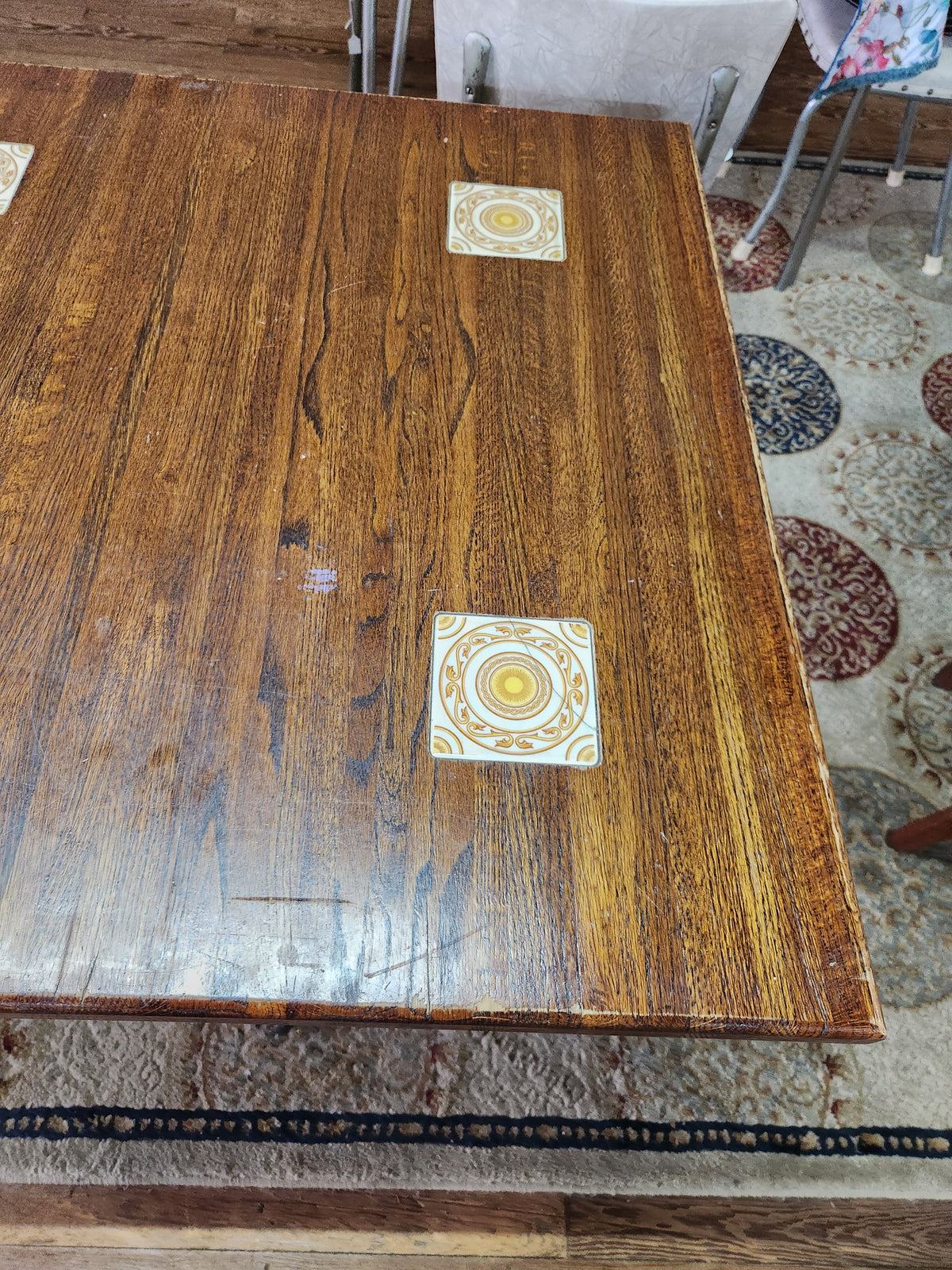 Vintage Square Wooden Table with Decorative Inlaid Ceramic Tiles on Metal Pedestal