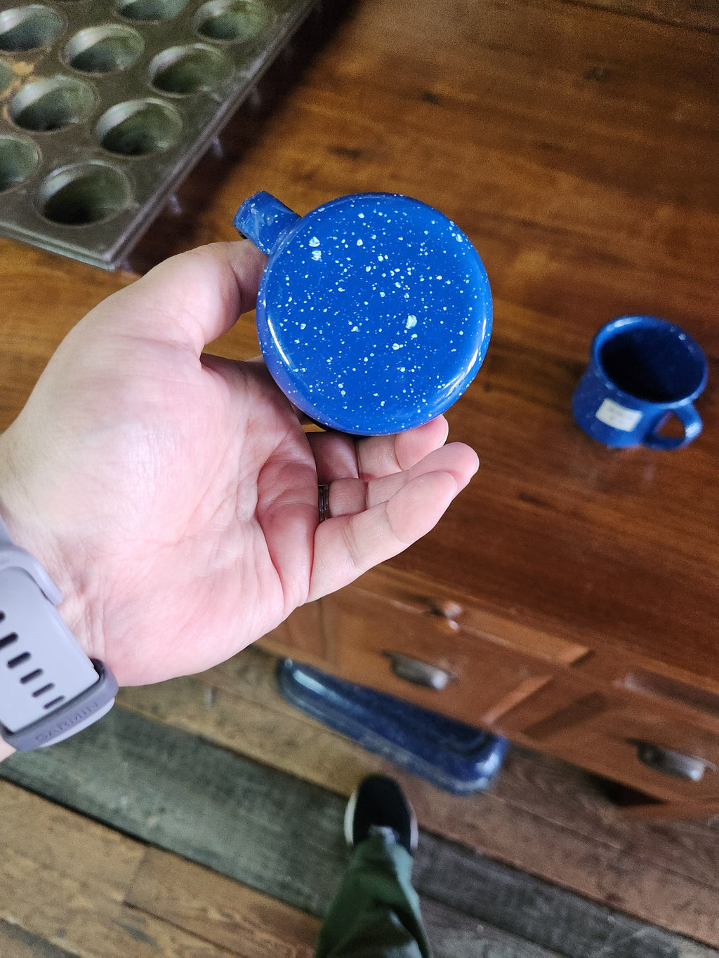 Blue Speckled Small Coffee Cup Enamel Ware